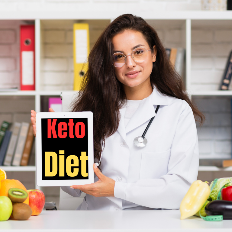 A nutritionist holding a tab on her hand and the screen shows keto diet