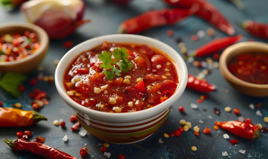 Peri Peri Sauce on a white little cup with spices scattering on the floor